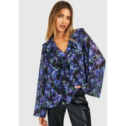 Women's Long-Sleeve Floral Ruffle Blouse