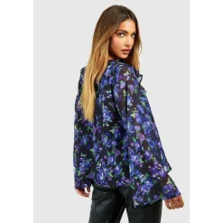 Women's Long-Sleeve Floral Ruffle Blouse