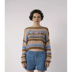 Women's Loose Striped Cotton Knit Boat Neck Crew Neck Jumper