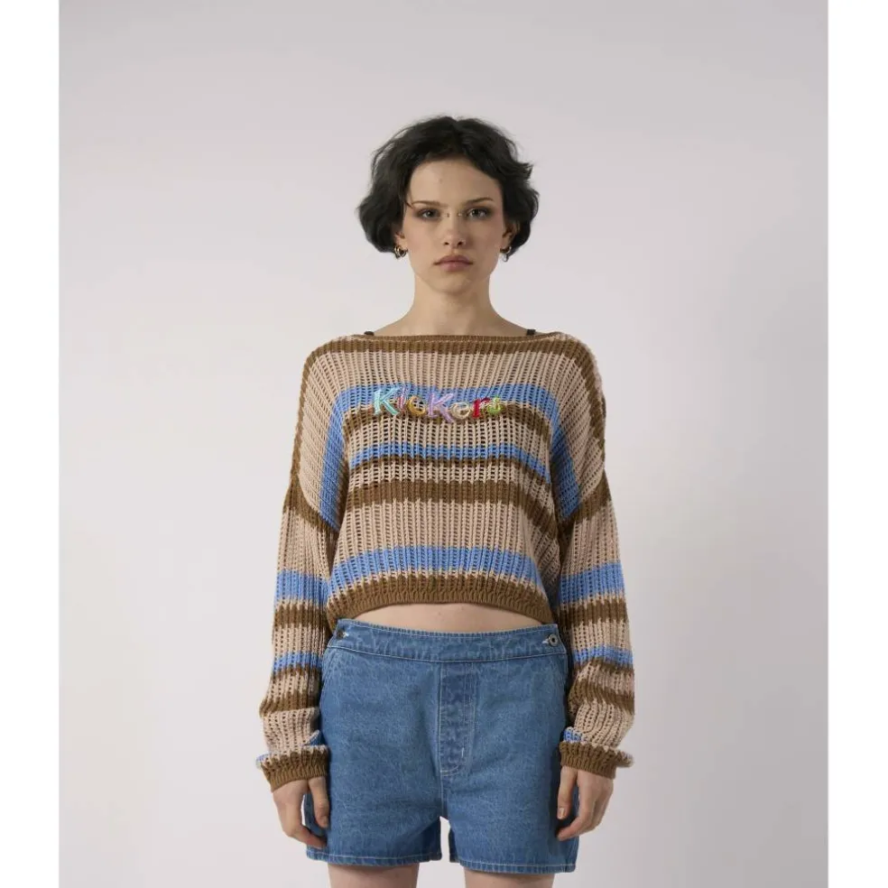 Women's Loose Striped Cotton Knit Boat Neck Crew Neck Jumper
