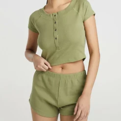 Womens Lounge Set with Henley Cropped Tee & Matching Shorts