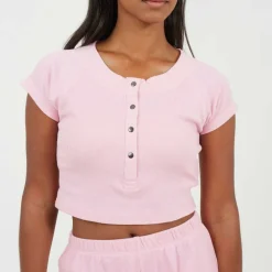 Womens Lounge Set with Henley Cropped Tee & Matching Shorts