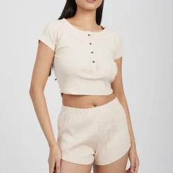 Womens Lounge Set with Henley Cropped Tee & Matching Shorts
