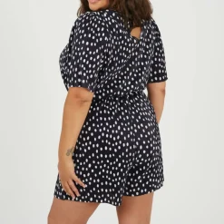 Womens Plus Size Plisse Romper in Polka Dot Print