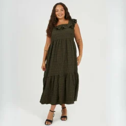 Womens Plus Size Seersucker Maxi Dress with Tie Back Detail