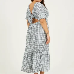 Womens Plus Size Seersucker Maxi Dress with Tie Back Detail