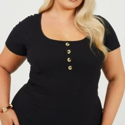 Womens Plus Size Short Sleeve Mini Dress with Button Detail