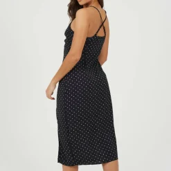 Womens Polka Dot Midi Slip Dress with Slit Detail