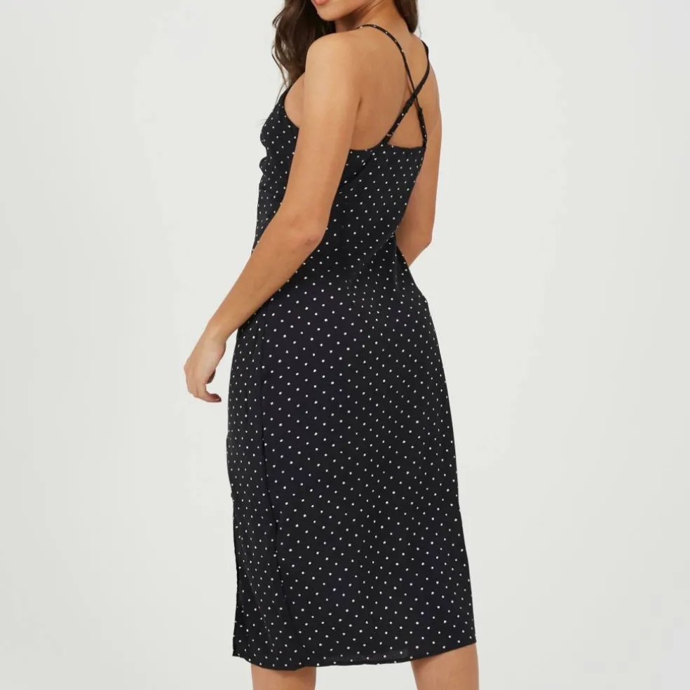Womens Polka Dot Midi Slip Dress with Slit Detail