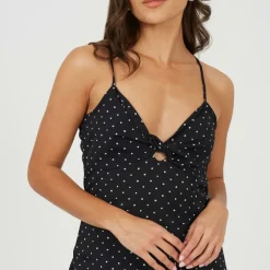 Womens Polka Dot Midi Slip Dress with Slit Detail