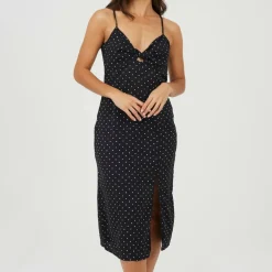 Womens Polka Dot Midi Slip Dress with Slit Detail