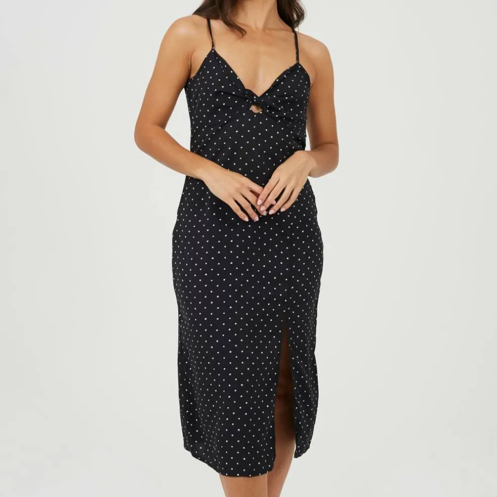 Womens Polka Dot Midi Slip Dress with Slit Detail