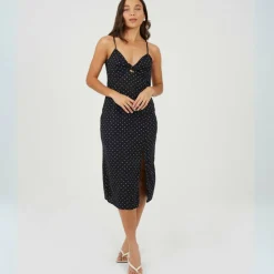 Womens Polka Dot Midi Slip Dress with Slit Detail