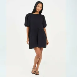 Womens Puff Sleeve Crew Neck Mini Dress