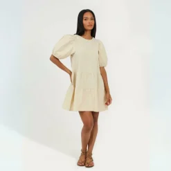 Womens Puff Sleeve Crew Neck Mini Dress