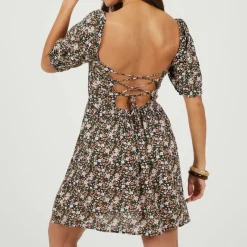 Womens Puff Sleeve Floral Print Mini Dress