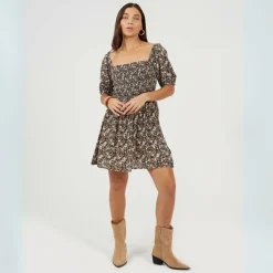 Womens Puff Sleeve Floral Print Mini Dress