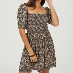 Womens Puff Sleeve Floral Print Mini Dress
