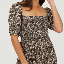 Womens Puff Sleeve Floral Print Mini Dress