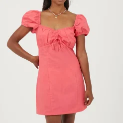 Womens Puff Sleeve Mini Dress with Sweetheart Neckline