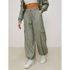 Womens Satin Cargo Open Hem Fleece Jogger