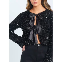 Women's Sequin Bow Long-Sleeve Blouse