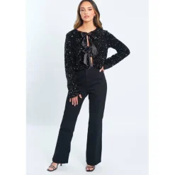 Women's Sequin Bow Long-Sleeve Blouse