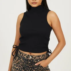 Womens Sleeveless High Neck Top with Drawstring Side Detail.