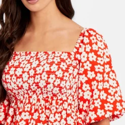 Women's Square Neck Puff Sleeve Short Blouse