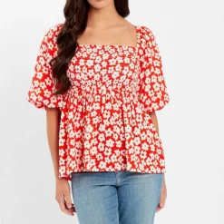 Women's Square Neck Puff Sleeve Short Blouse