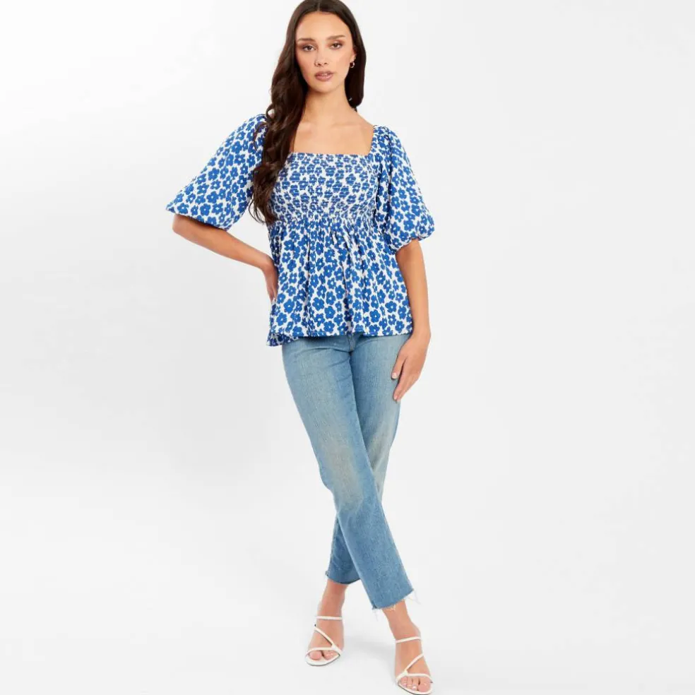 Women's Square Neck Puff Sleeve Short Blouse