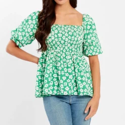 Women's Square Neck Puff Sleeve Short Blouse