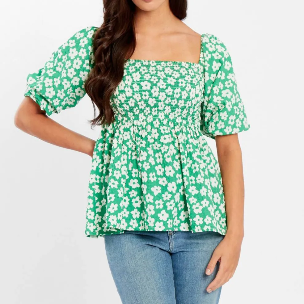 Women's Square Neck Puff Sleeve Short Blouse