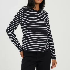 Womens Striped Long Sleeve T-Shirt with Contrast Collar