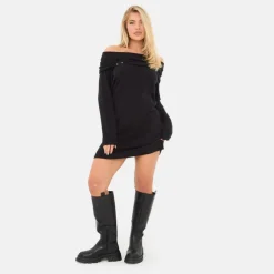Women's Trim Bardot Mini Long Sleeve Knitted Jumper Dress