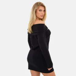 Women's Trim Bardot Mini Long Sleeve Knitted Jumper Dress