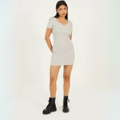 Womens T-shirt Mini Dress with Notch Neck