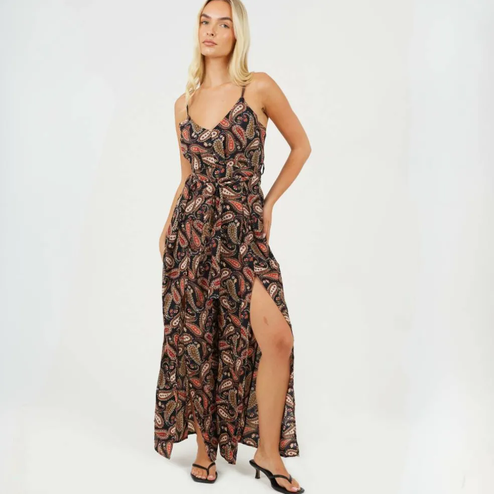 Womens Vest Top Paisley Print Jumpsuit with Split Leg Detail