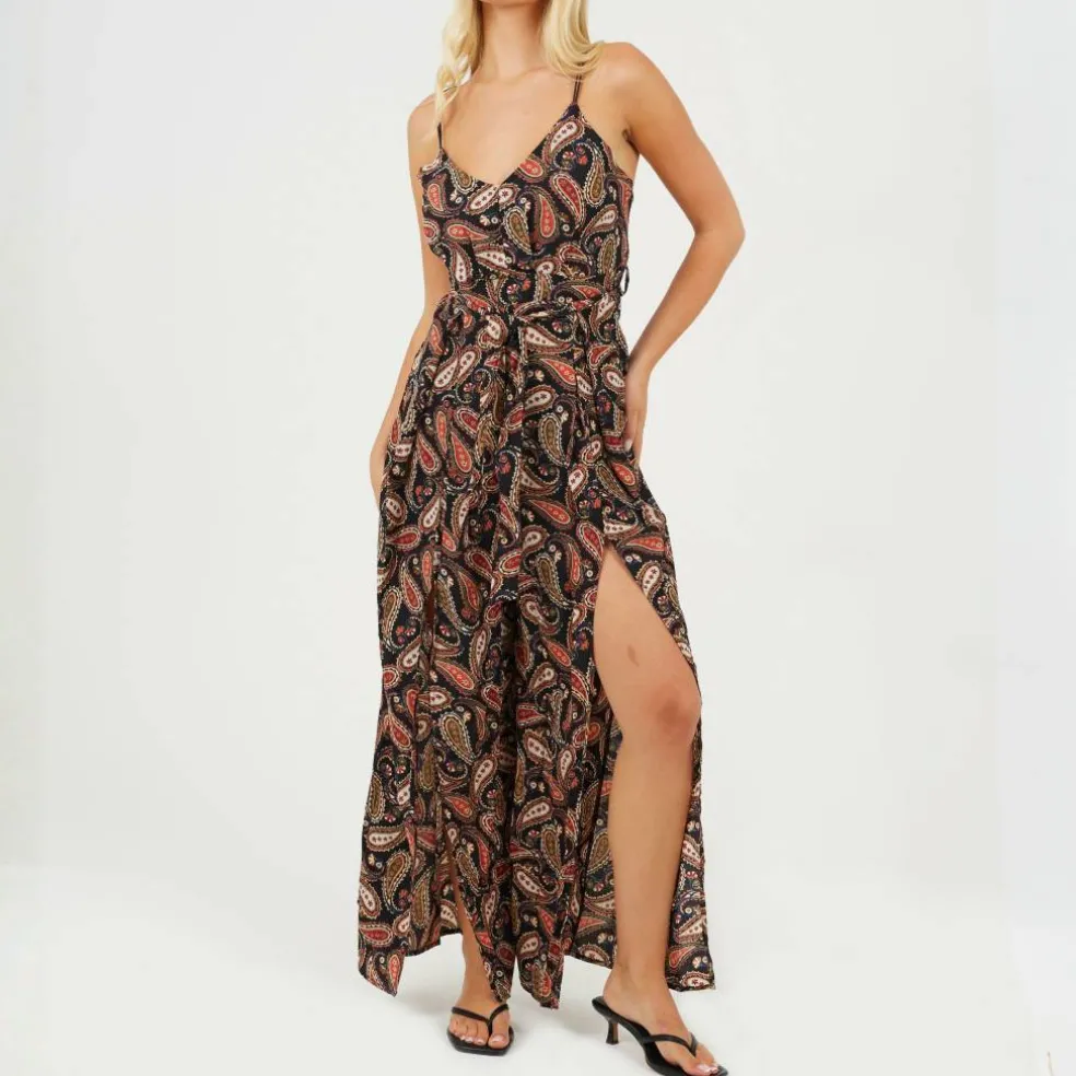 Womens Vest Top Paisley Print Jumpsuit with Split Leg Detail