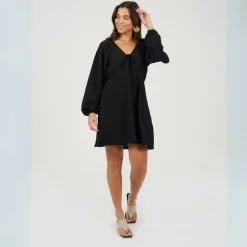 Womens V-neck Long Puff Sleeve Mini Dress