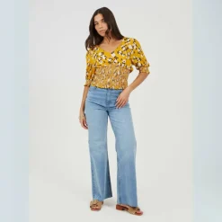 Womens V-Neck Short Sleeve Floral Blouse