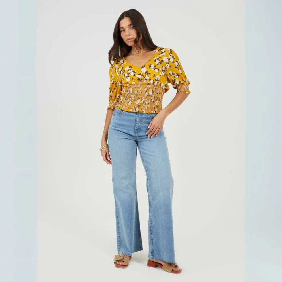 Womens V-Neck Short Sleeve Floral Blouse