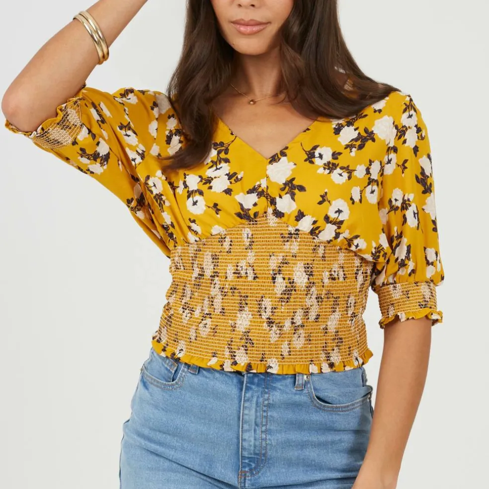 Womens V-Neck Short Sleeve Floral Blouse