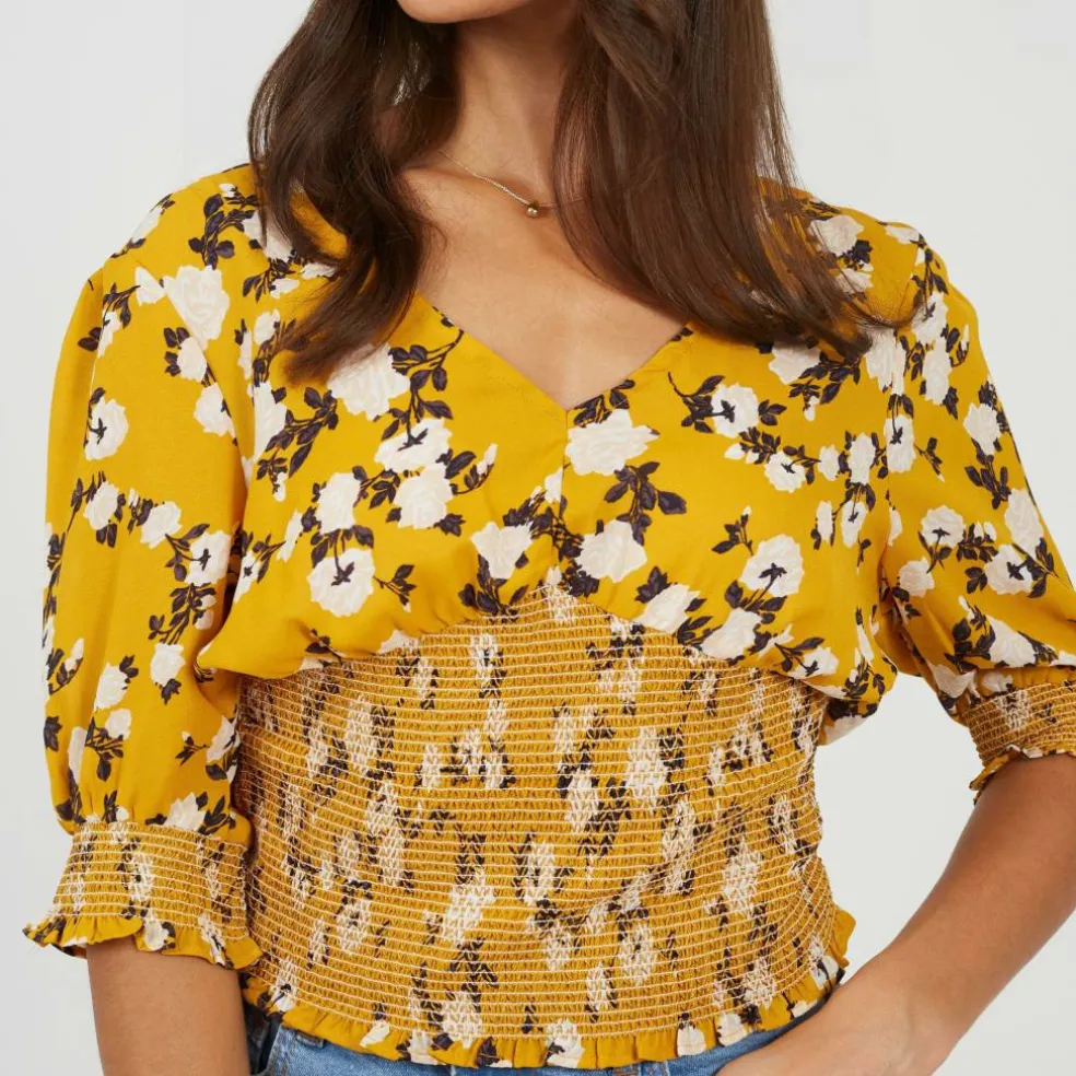 Womens V-Neck Short Sleeve Floral Blouse