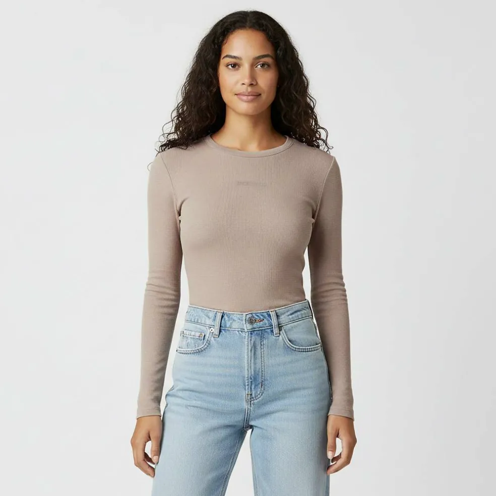 Women's Waffle LSBaby Cotton Crew Neck Slim Fit Long Sleeve T-Shirt